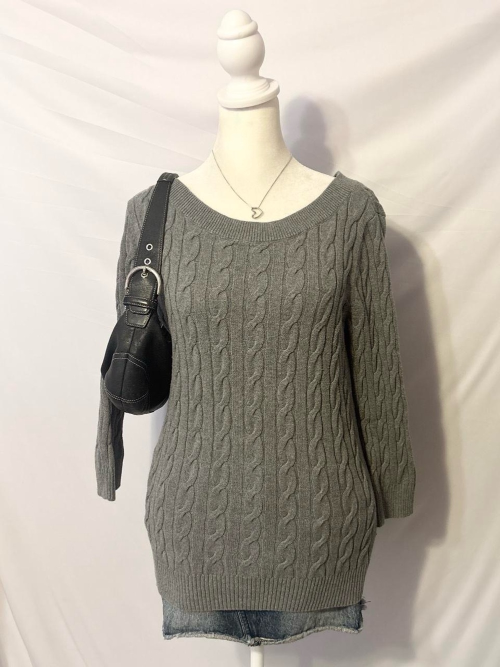 VTG Preppy 3/4 Sleeve Cable Knitted Grey Sweater